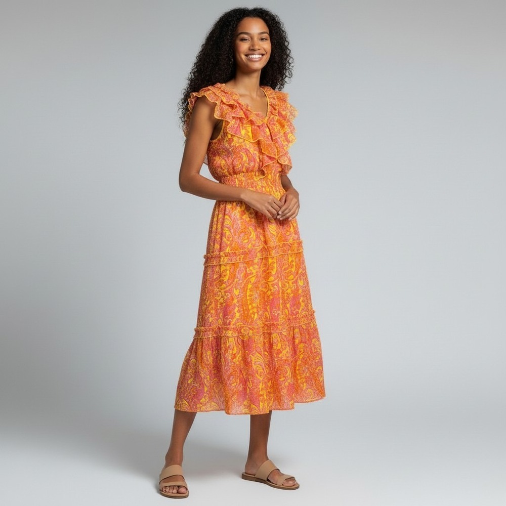 Versona Women's M Orange Pink Paisley Midi Dress Tiered Ruffle | Boho - Picture 2 of 7